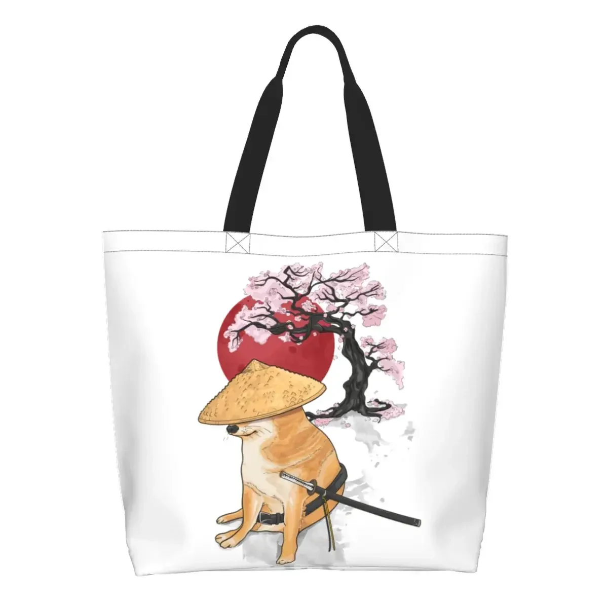 Samurai Japanense Cheems Meme Groceries Shopping Bag Printing Canvas Shopper Shoulder Tote Bags Large Capacity Durable Handbag