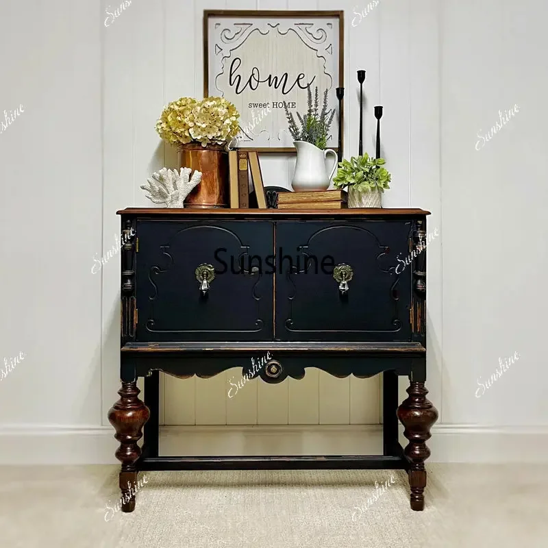 French retro old porch cabinet, black decoration against the wall, rural solid wood carving flowers