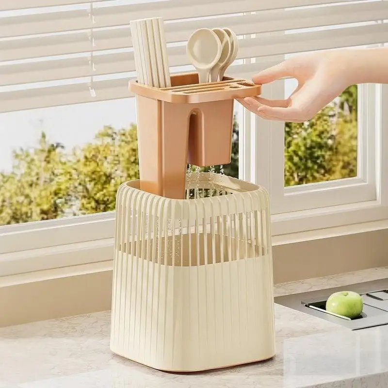 Household Kitchen Tableware Holder Rotating Drain Storage Rack Knife Fork Chopstick Multifunction Countertop Organizer