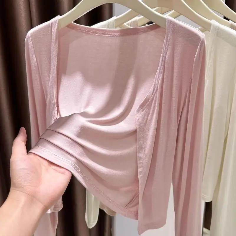 プラスサイズの女性のモーダルショート丈日焼け防止服超弾性ショルダーラップ薄いカバーアップトップ春夏