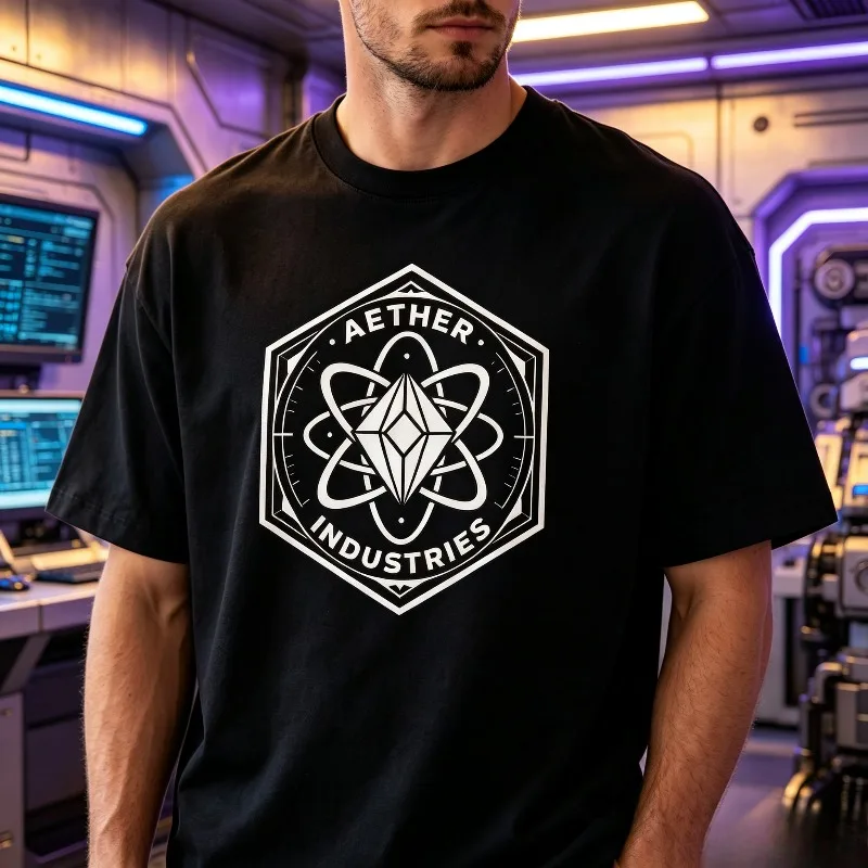 AETHER INDUSTRIES Hexagon Badge Graphic T‑Shirt Retro Sci‑Fi Print 100% Cotton Men Streetwear Tee Daily Top for Russia Spain