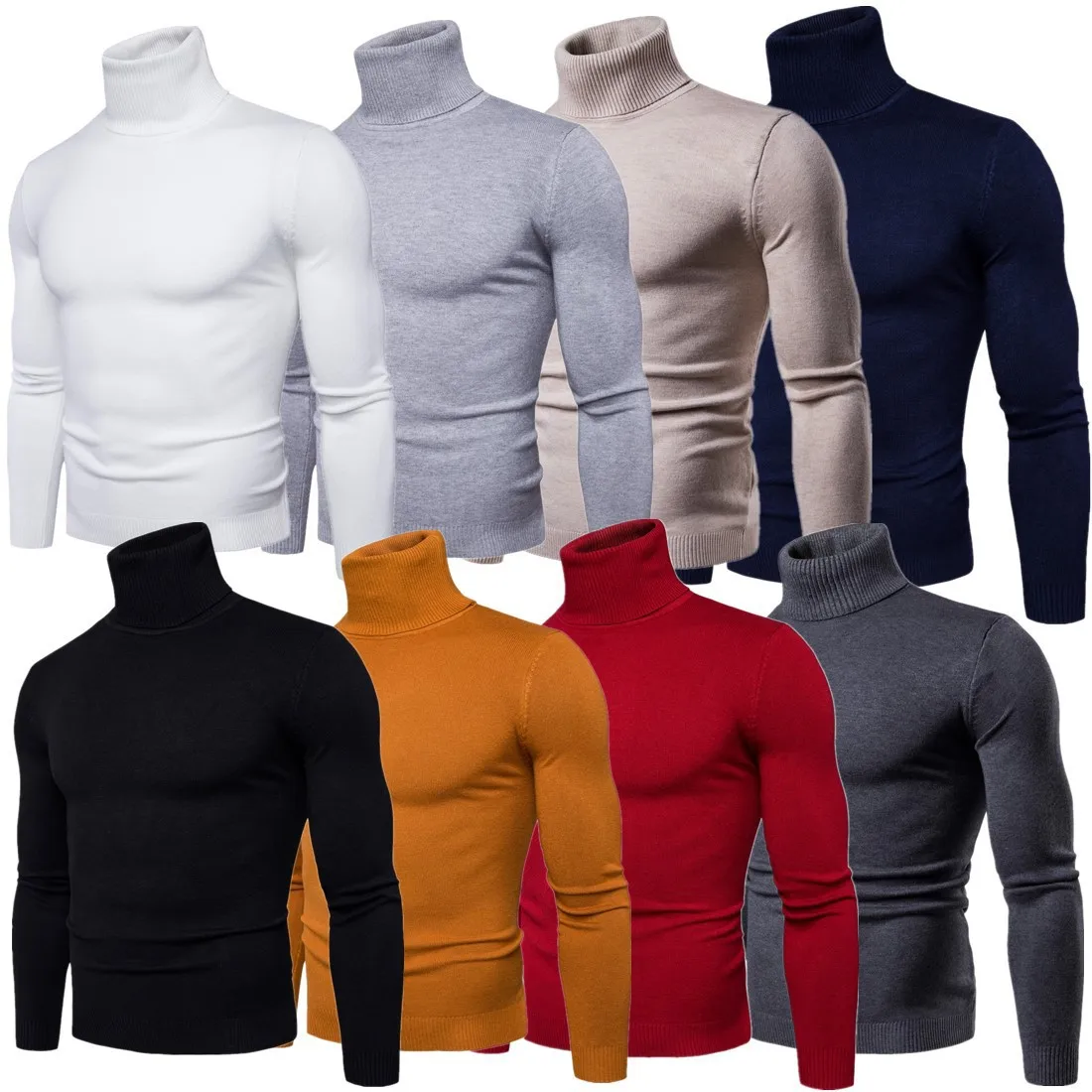 

Eur-Size Fitn Muscle Men's Close-Fit Overhead Knitwear High Collar Elastic Base Layer Orange Color Blo Long Sve Top
