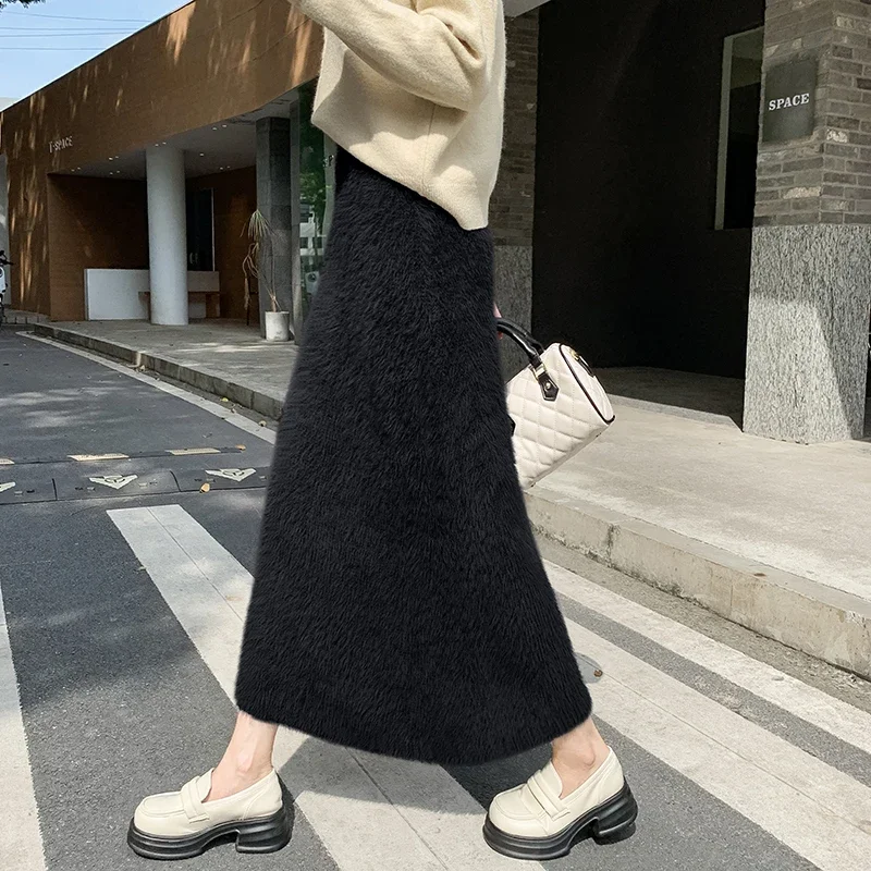 Matakawa Knitted Long Skirts Autumn Winter Solid Mink Cashmere Thick Faldas Mujer Korean Fashion A-line Warm Women Skirt