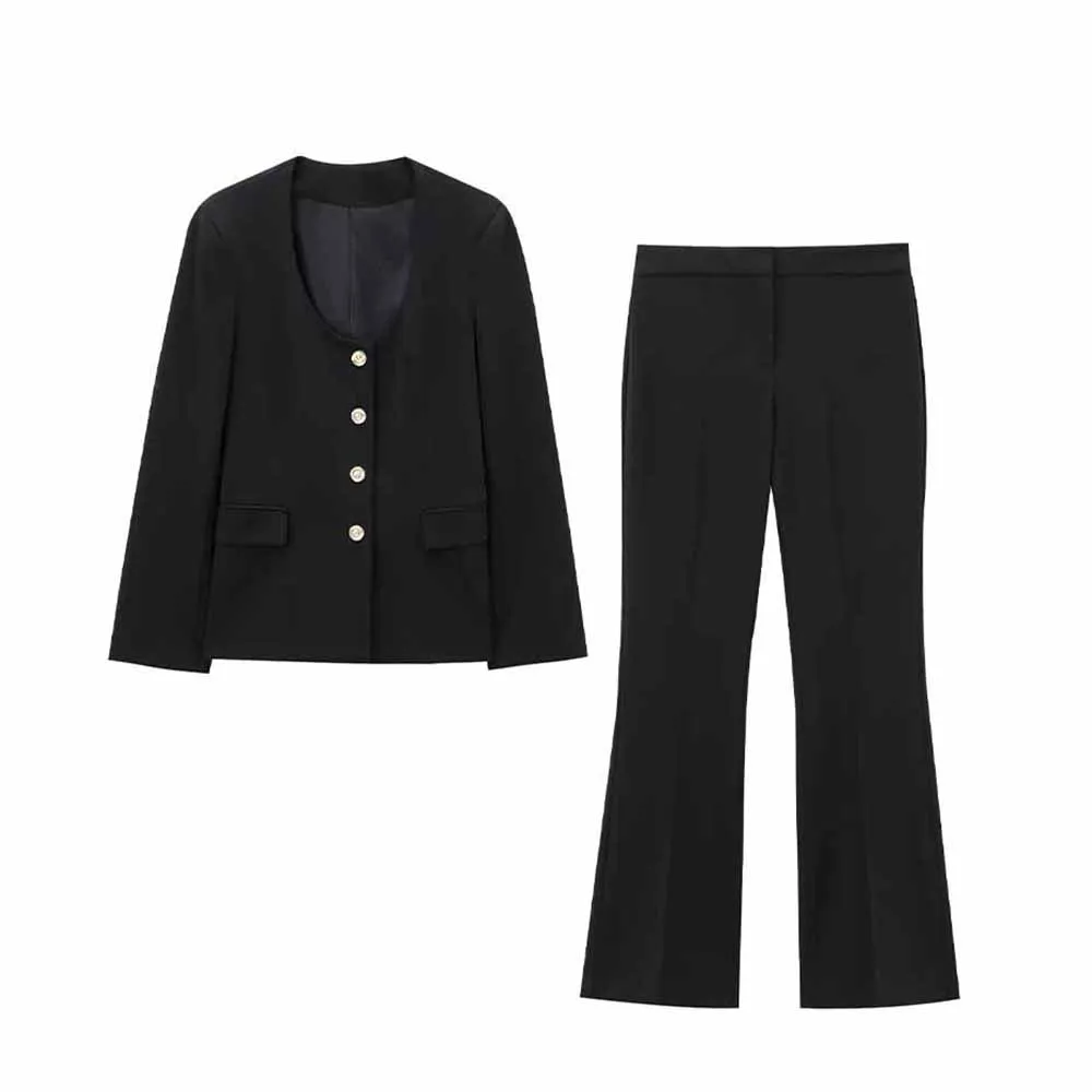 

Women's new fashion Flip decoration black casual slim O Neck suit jacket retro long sleeved button up women's Coat chic top