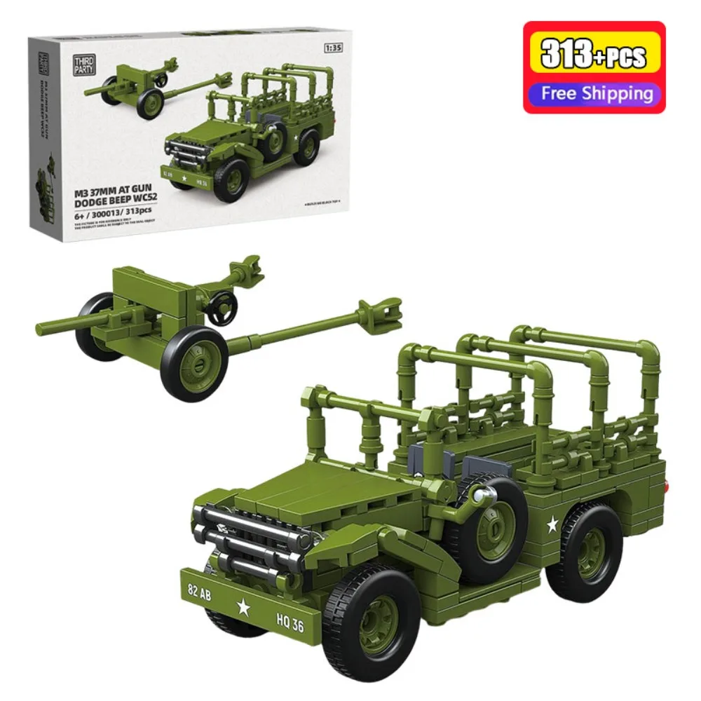 

313 деталей, военная техника: 37-мм противотанковая пушка M3, транспортное средство WC52, конструктор, армейское оружие, строительные игрушки для мальчиков и детей