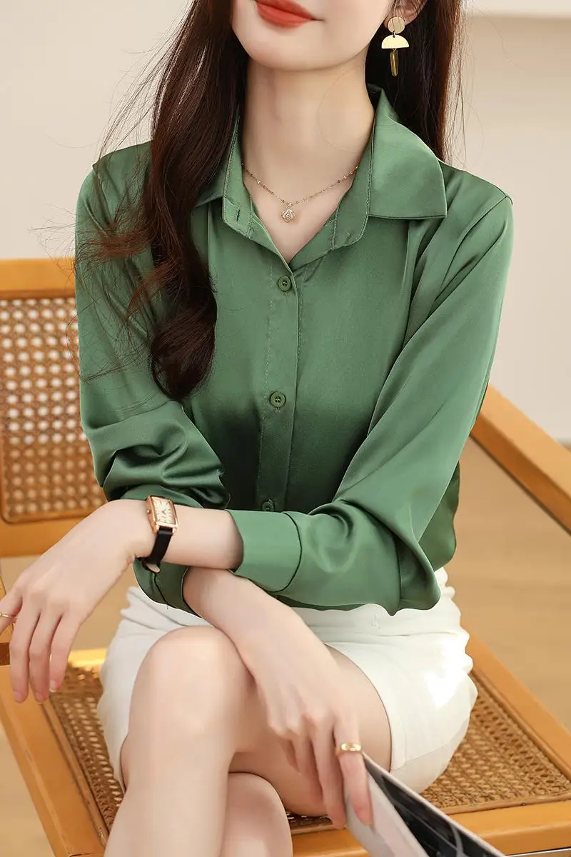 2024 New Non-ironing Anti-wrinkle Satin Shirt Women\'s Solid Color Long Sleeve Tops Blouse