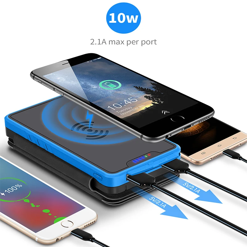 20000mAh Wireless Solar Power Bank with 3 Solar Panel Portable Charger for iPhone 15 Samsung Xiaomi Powerbank with Camping Light