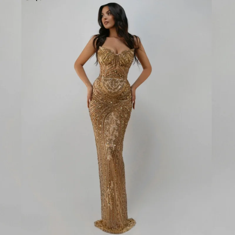

Customized Gold Evening Dress Crystals Beading Sweetheart Prom Gowns Shiny Bridal Wedding Party Dress Vestidos De Novia
