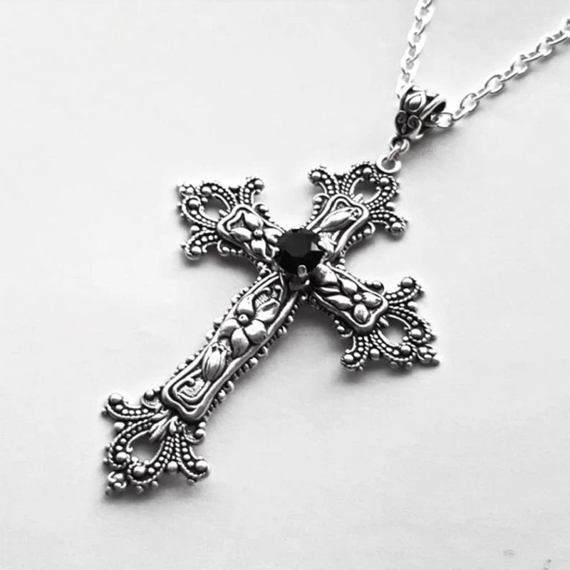 

Large Detailed Cross Drill Pendant Necklace Silver Color Tone Gothic Punk Jewellery Fashion Charm Statement Women Gift