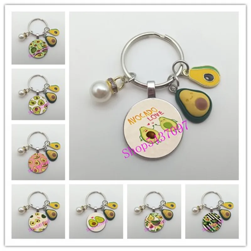 New fashion simulation fruit avocado smile keychain fruit keychain glass cabochon keychain creative wedding party jewelry gift