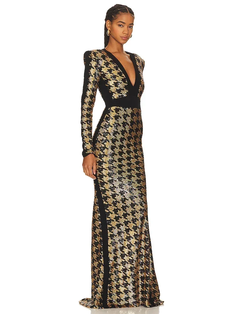 Sexy V Neck Bird Lattice Sequins Maxi Dress Women Black Gold Sequin Long Sleeves Bocycon Long Dress Runway Evening Party Gown