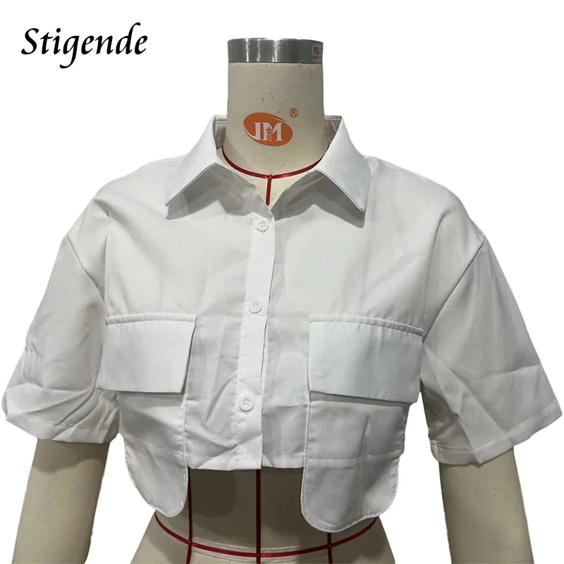 Stigende Turn Down Collar Button Shirts Y2k Women Patchwork Pocket Crop Shirts Tops