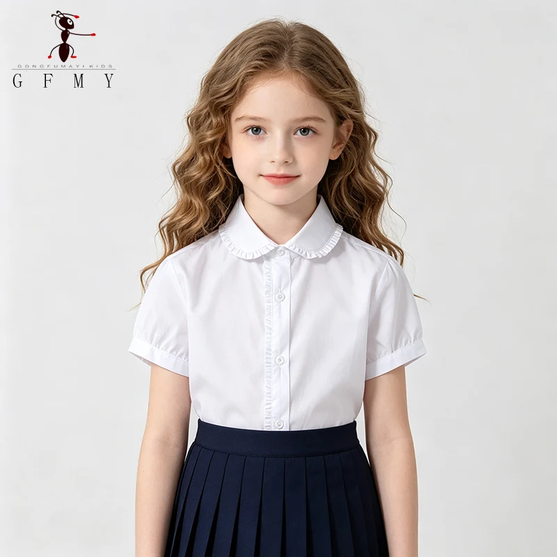 

GFMY Girls White School Uniform Shirt Short Sleeve Pure Cotton Blue Blouse Lapel Summer Formal Party Wear Girls Clothes 2-16Year