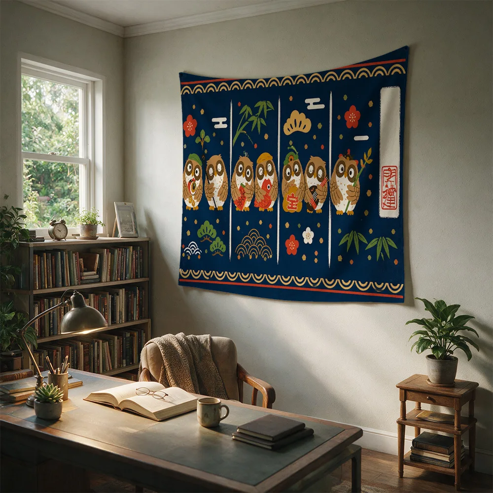 Nautical Owl Family Wall Hanging Tapestry Boho Nursery Decor Woodland Animal Art for Kids Room