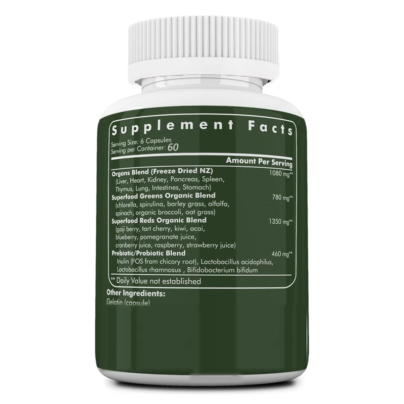 60 Green And Red Capsules Oforganic Super Food,including Spirulina, Chlorella,andgrass Fed Beef Organs,promote Intestinal