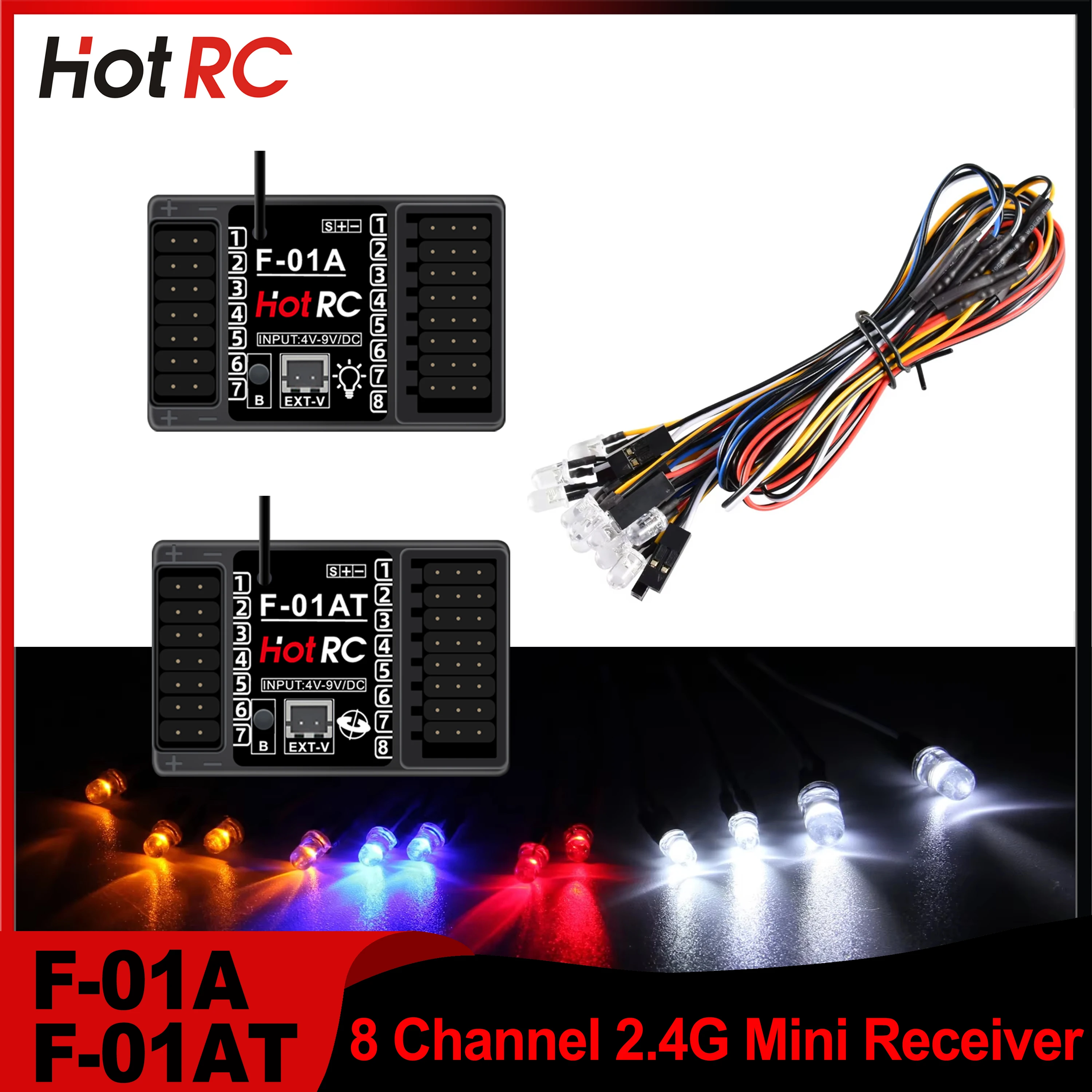 

HOTRC F-01A F-01AT 8CH 8 Channel 2.4G Gyro Voltage Return PWM Light Control Receiver 12LED Light Set for Transmitter RC Car Boat