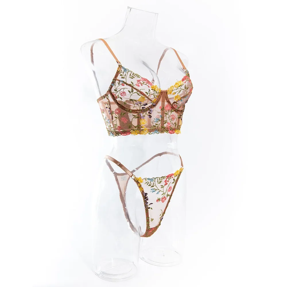 

Women See Through 2-Piece Lace Bra Set Mesh Transparent Panty Set Embroidery Floral Underwear Set Breathable Sexy