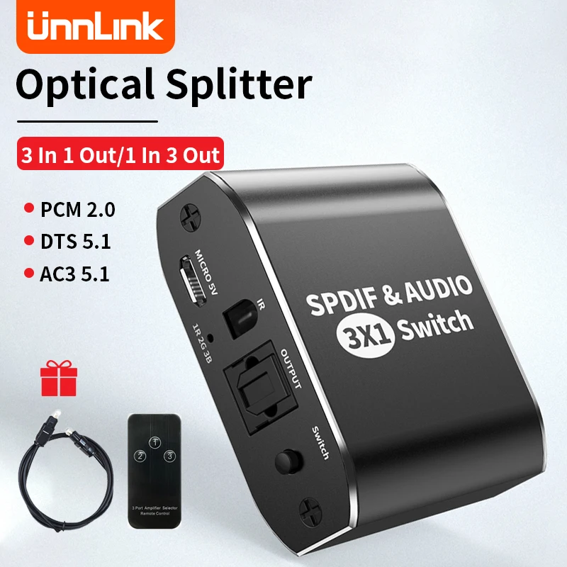 

Unnlink Digital SPDIF Optical Audio Switcher Toslink Adapter 3x1/1X3 Optical fiber Splitter Support DTS AC3 Switcher for TV Ps5