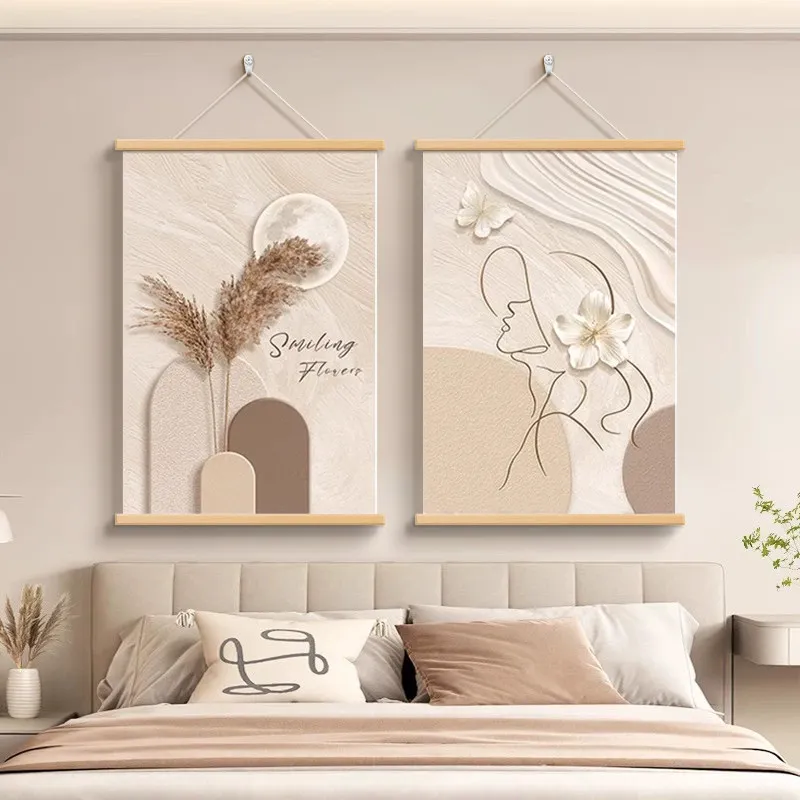 Abstract Canvas Wall Hanging Set of 2 Minimalist Woman Line Art Floral Beige Prints with Wooden Rods for Bedroom Bedside Decor