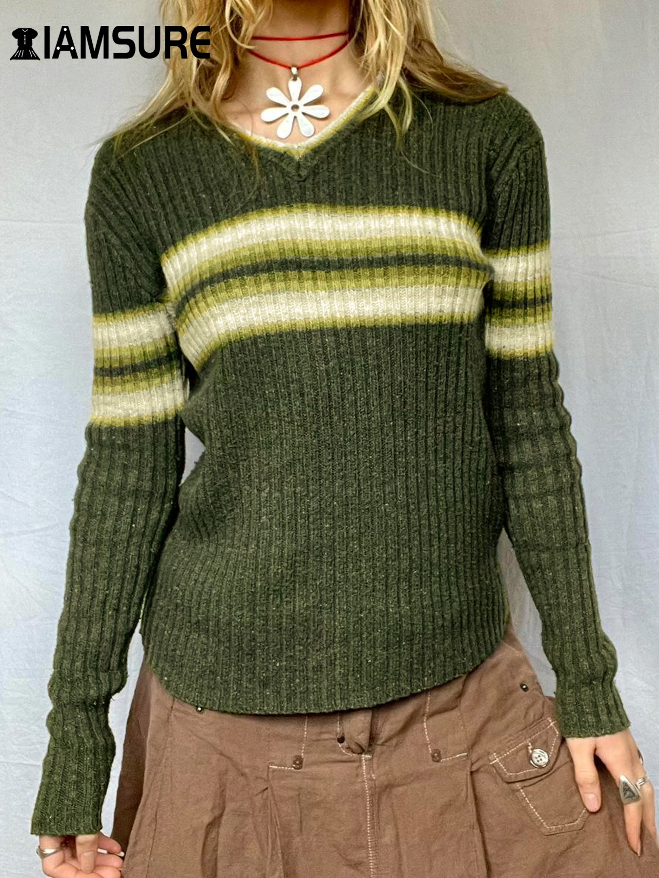 IAMSURE Casual Striped Knitted Sweater Basic V-Neck Long Sleeve Pullovers Women 2024 Autumn Winter Fashion Streetwear Ladies