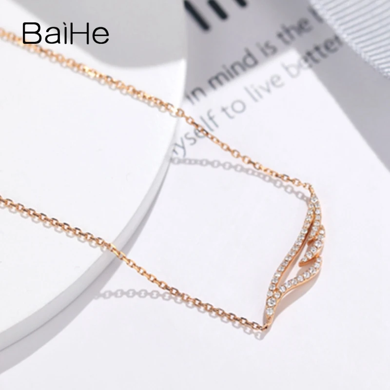 BAIHE Solid 18K Rose Gold 0.15ct  H/SI Natural Diamond Feather Necklace Women Wedding Fine Jewelry Colar Penas Feder Halskette