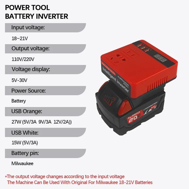 Batterie au Lithium onduleur batterie externe 18v 21v à 110v 220v pour Milwaukee multi-fonction transformateur domestique onduleur extérieur ﻿