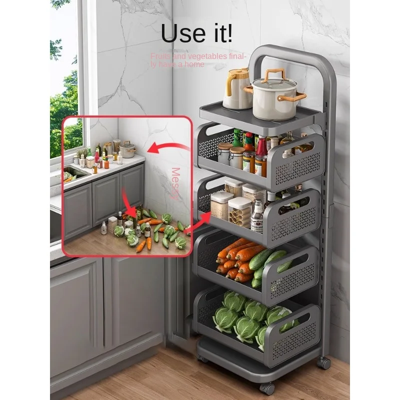 Kitchen Storage Rack Multi-Layer Floor Fruit and Vegetable Basket Movable Trolley Household Multi-Functional Storage Rack