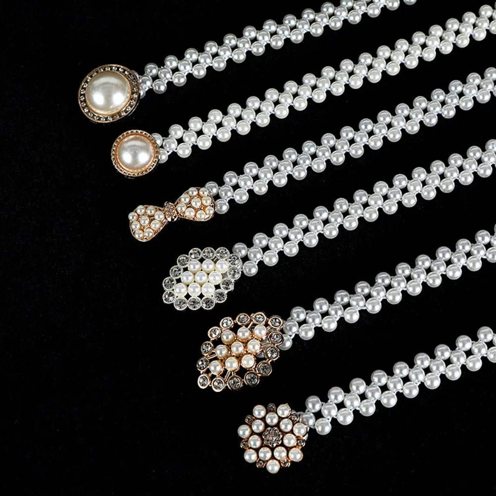 

All-match Pearl Waist Chain Bow Elasticated Waistband Dress Shirt Decoration Diamond Pearl Pendant Belt Women