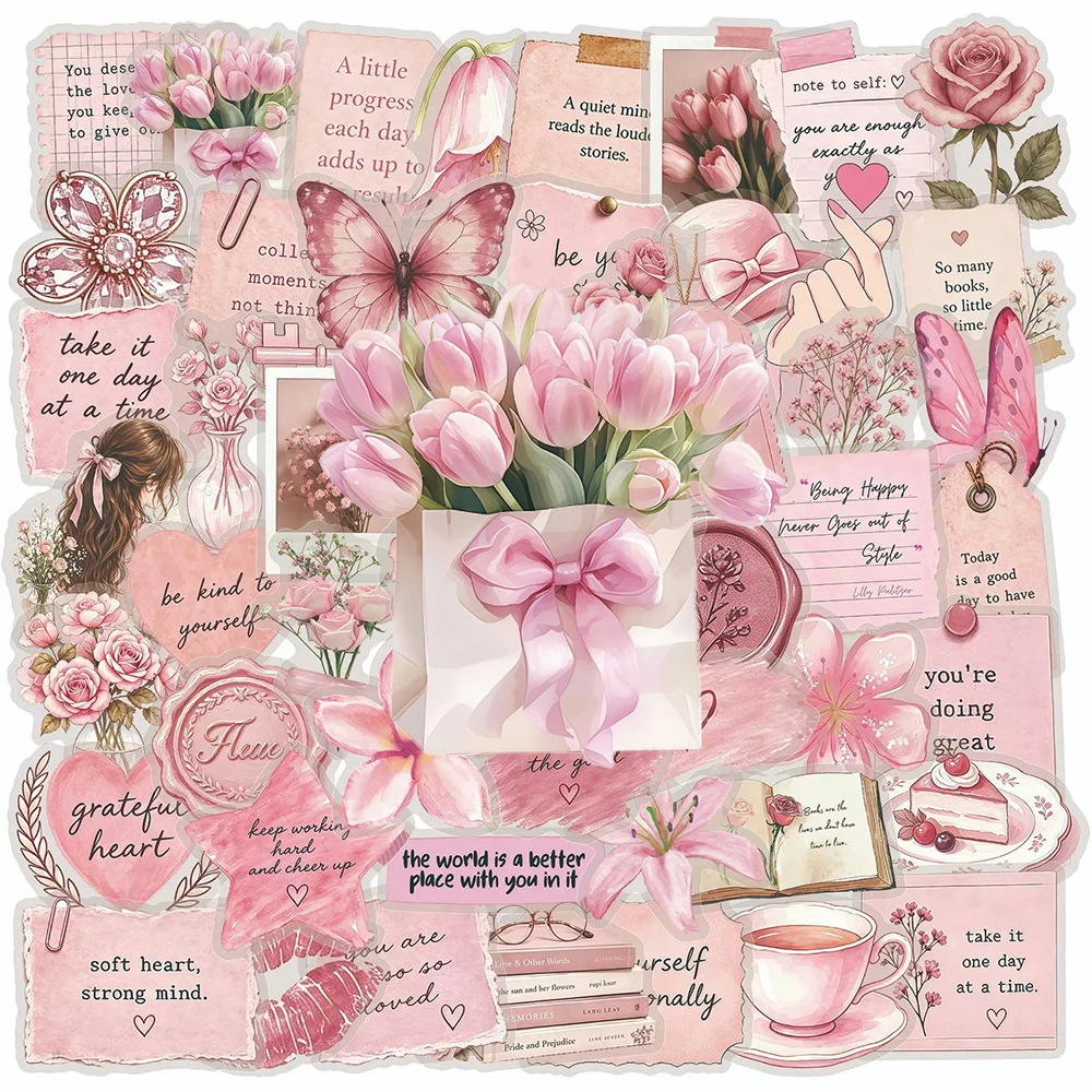 

10/30/50pcs Transparent Pink Inspirational Phrase Stickers Watercolor Aesthetic Decals DIY Scrapbook Luggage Phone Sticker Pack