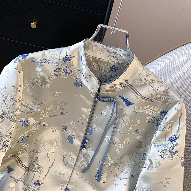 New Chinese Style Autumn Satin Stand Collar Hanfu Embroidered Brocade Fabric Women's Jacket Heavy Embroidery Outerwear