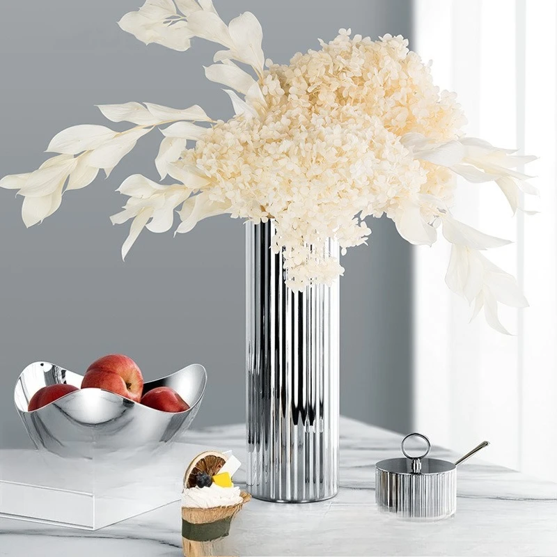 Ornamento de flor de vaso de flores de aço inoxidável, casa sala de estar mesa de café arranjo de flores vaso decorativo simples casa ornam