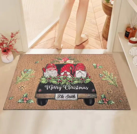 Christmas Gnome Truck Cork Doormat Custom Name Red Gnomes Vintage Car Non Slip Front Door Mat, Merry Christmas Holiday Decor Rug