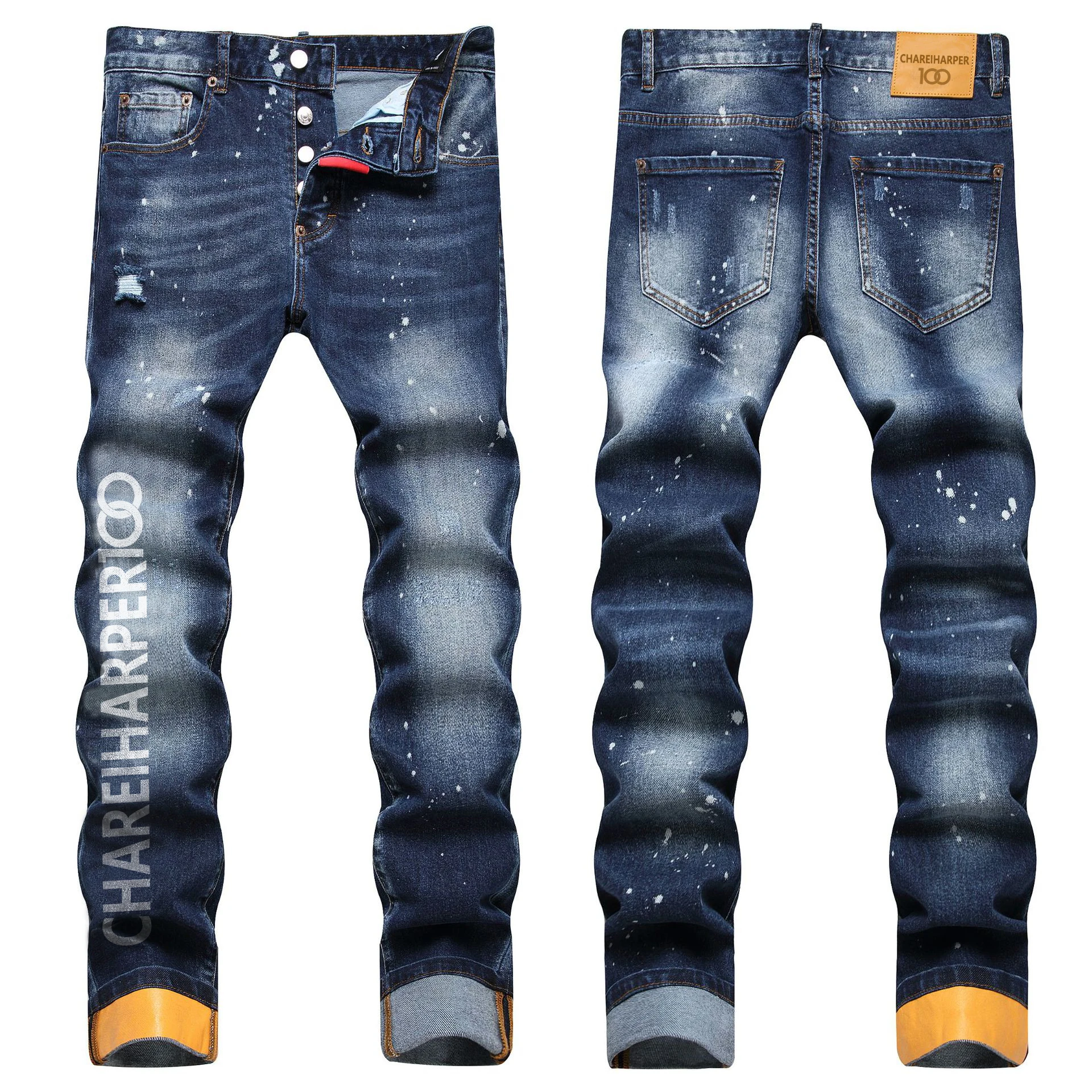 

chareiharper 100 1032 plus size Street fashion men's jeans print fashion trend holes slim trousers men fashion