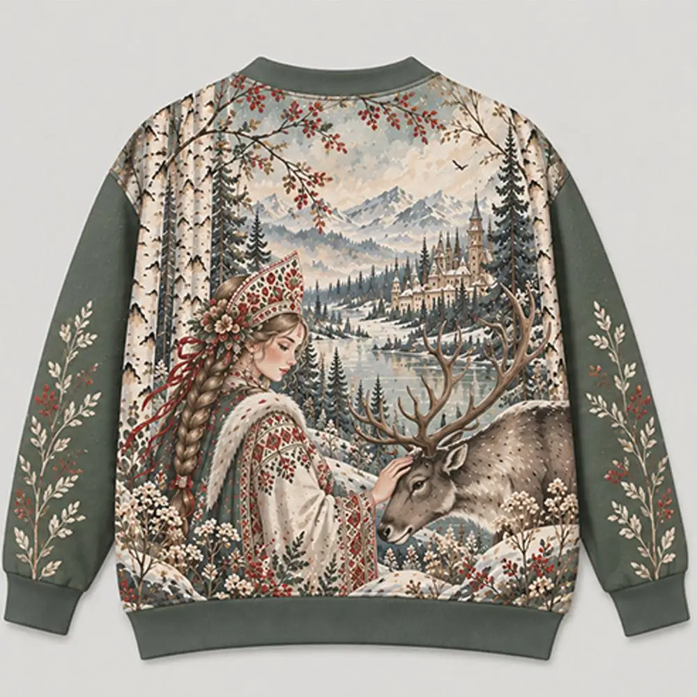 Retro Snowy Mountain Forest Landscape Sweatshirt Winter Nature Print Crew Neck Pullover Men's And Women's Fashion Casual Top