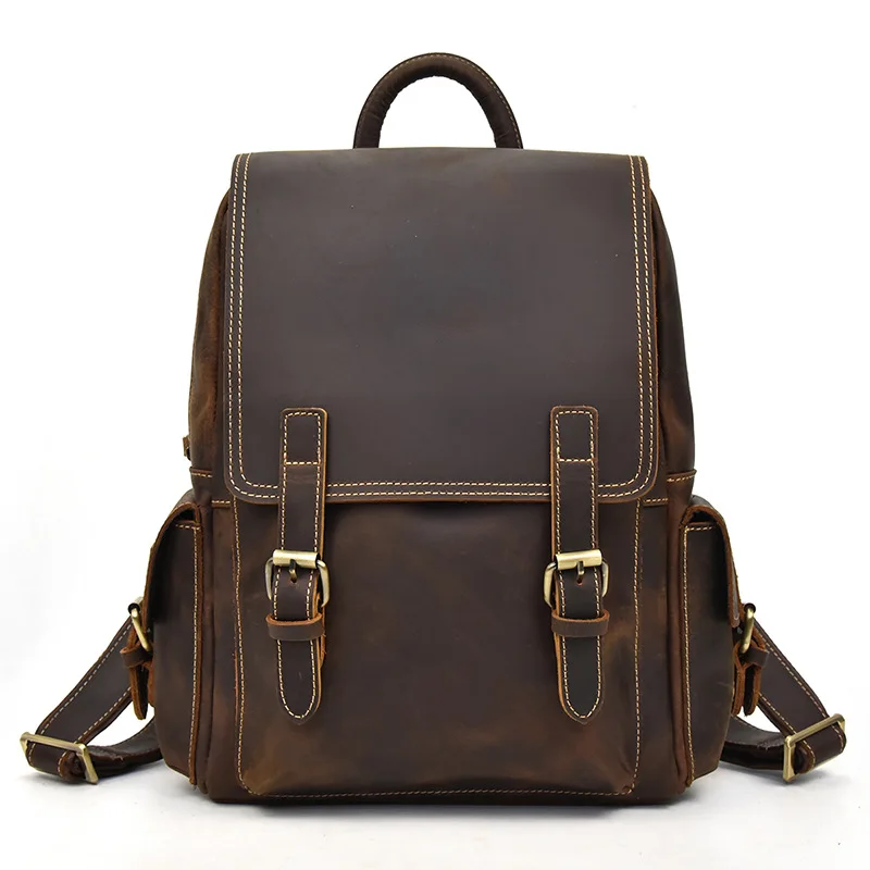 Crazy Horse Leather Backpack for Men, Vintage Rucksack with Spacious Compartment, Unisex Genuine Cowhide Daypack for Travel