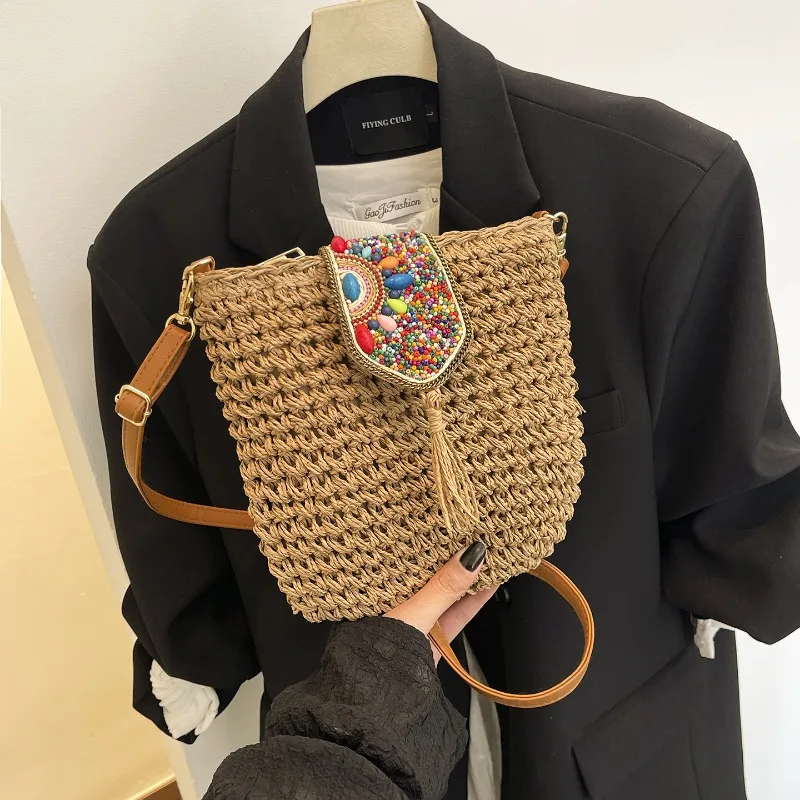 

Bohemian Female Handmade Paper Woven Crossbody Straw Bag Colored Bead Embroidery with Tassel Shoulder Bag for Vacation Beach Bag