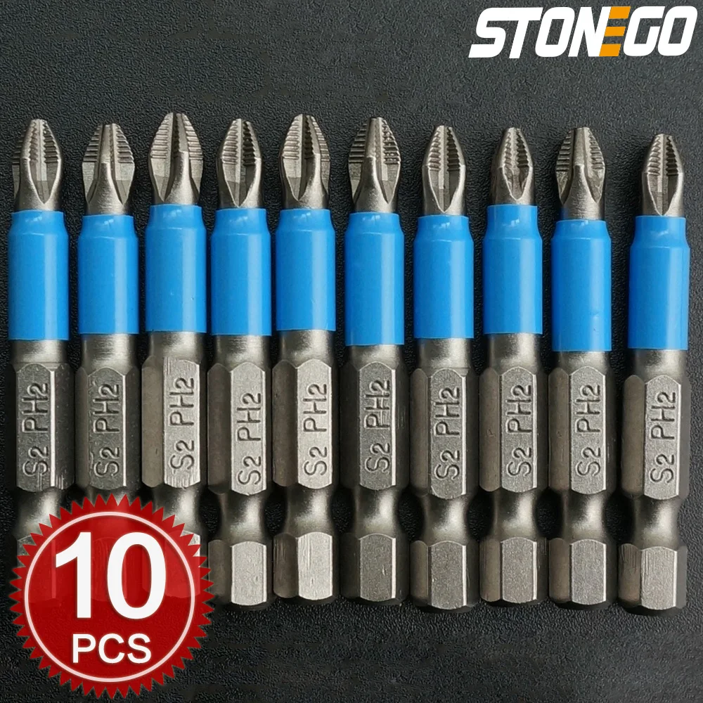 

STONEGO 10Pcs Screwdriver Bits Set - 1/4" Hex Shank S2 Magnetic PH2 Cross Head with Anti-Slip Electric Tip - 50mm Driver Drill