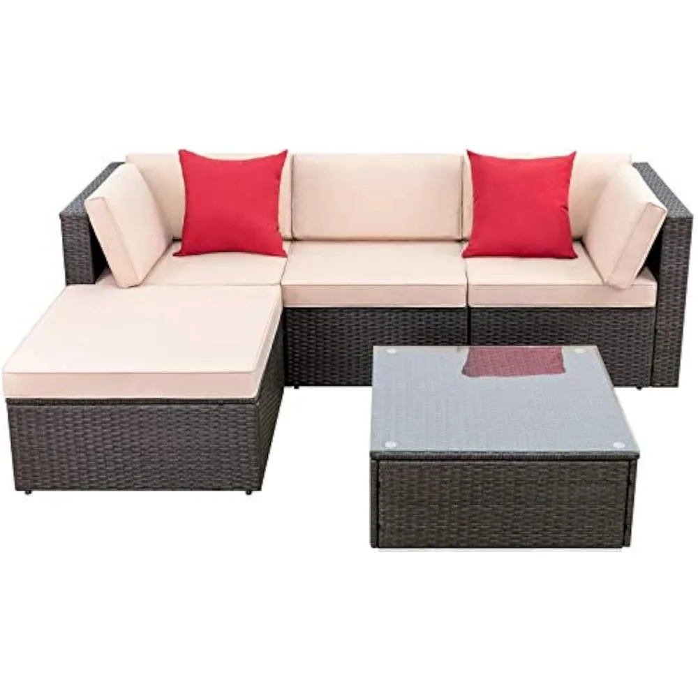 5 Pieces Patio Furniture Sets All Weather Outdoor Sectional Patio Sofa Manual Weaving Wicker Rattan Patio Seating Sofas with Cu