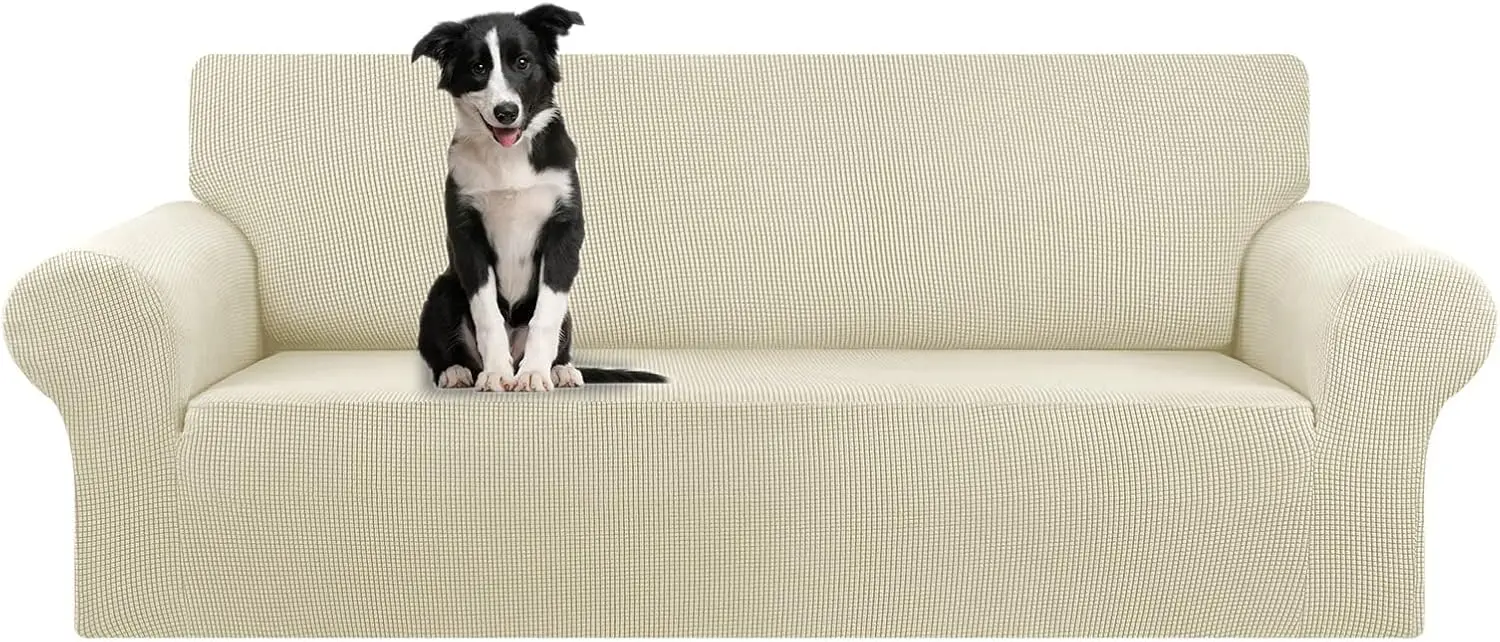 

Stretch Oversized Sofa Slipcover, Elastic Bottom for Kids and Pets, Jacquard Checked Pattern in Beige (94"-110")