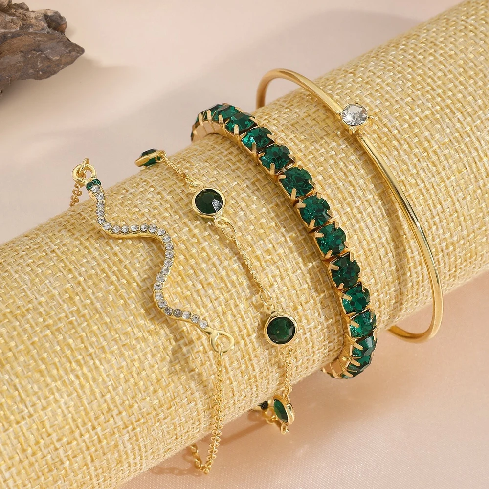 4 Piece Women's Fashionable Temperament Green New All Rhinestone Snake Shaped Bracelet Set Jewelry Accessories