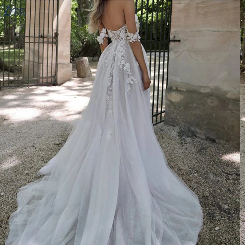 Hermoso vestido de novia sin mangas con hombros descubiertos, vestidos de novia con abertura alta, fregado de sirena, Sexy, sin espalda, escote Corazón, elegante