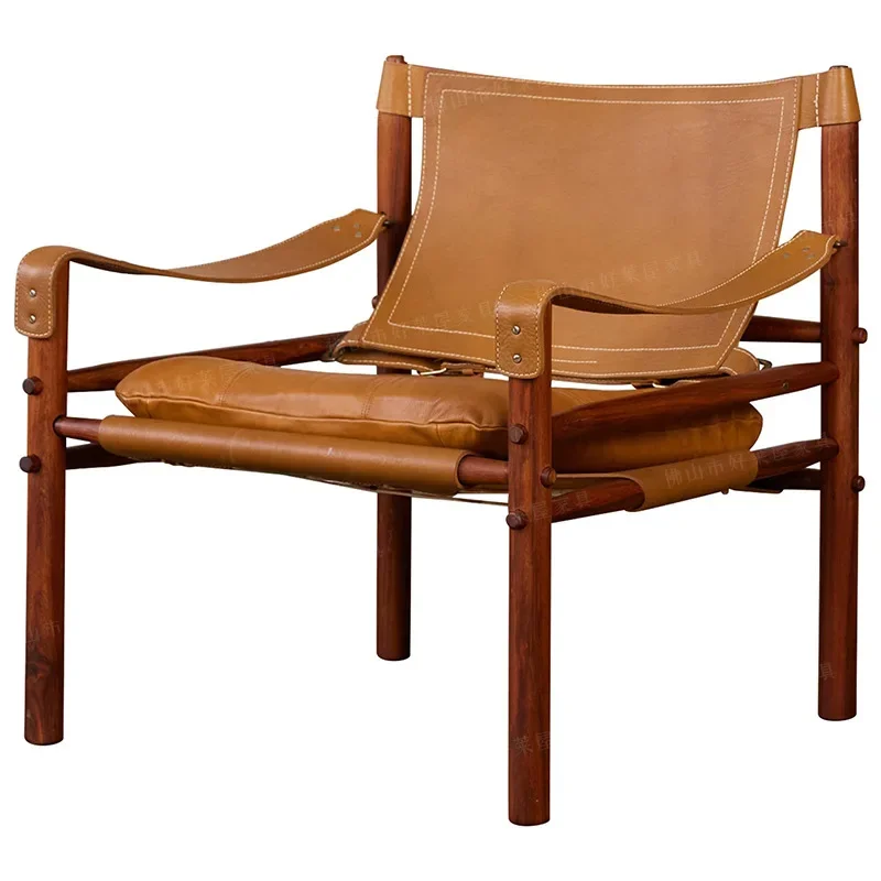 Saddle leather sofa chair, solid wood single casual sofa chair