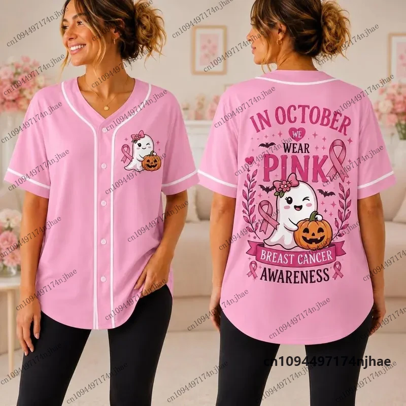 Tops2026 New Halloween Cartoon Pink Ghost Print Blouse Women Men Streetwear Baseball Shirt Hip Hop Short Sleeve Button Up Tops