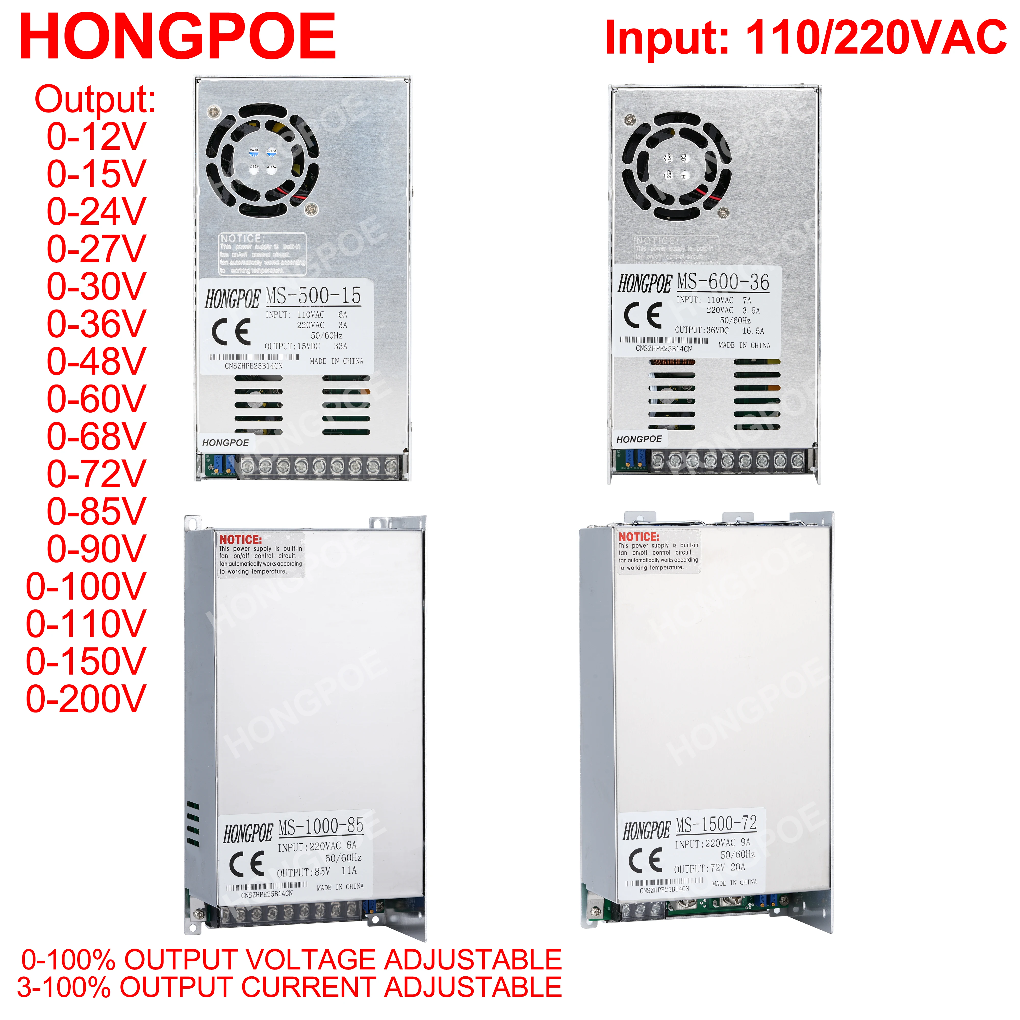 

500W 600W 1000W 1500W Adjustable Power Supply 0-12V 15V 24V 36V 48V 60V 72V 85V 90V 110V 150V 200V 110/220V Ac To Dc Smps