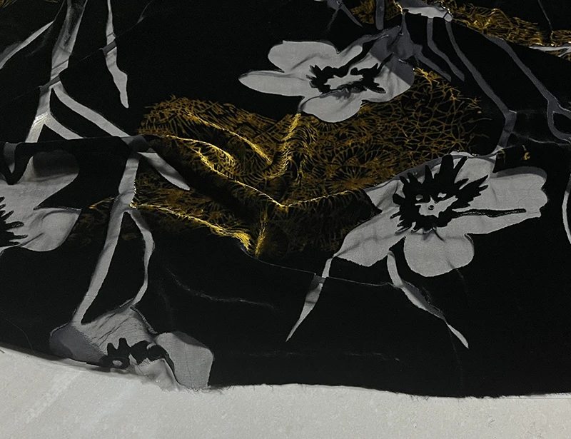 High Quality Real Silk Gold Velvet Fashion Black Bottom Yellow Flower Hollow out Etched-out Fabric Cheongsam Qipao Dress Cloth