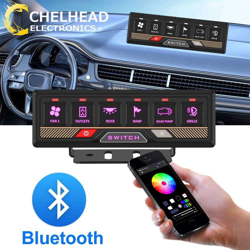 

Bluetooth Controller 6 Gang RGB Switch Panel App Control Box 12-24V for 4x4 Auto SUV RV Trailer UTV ATV Pickup Boat