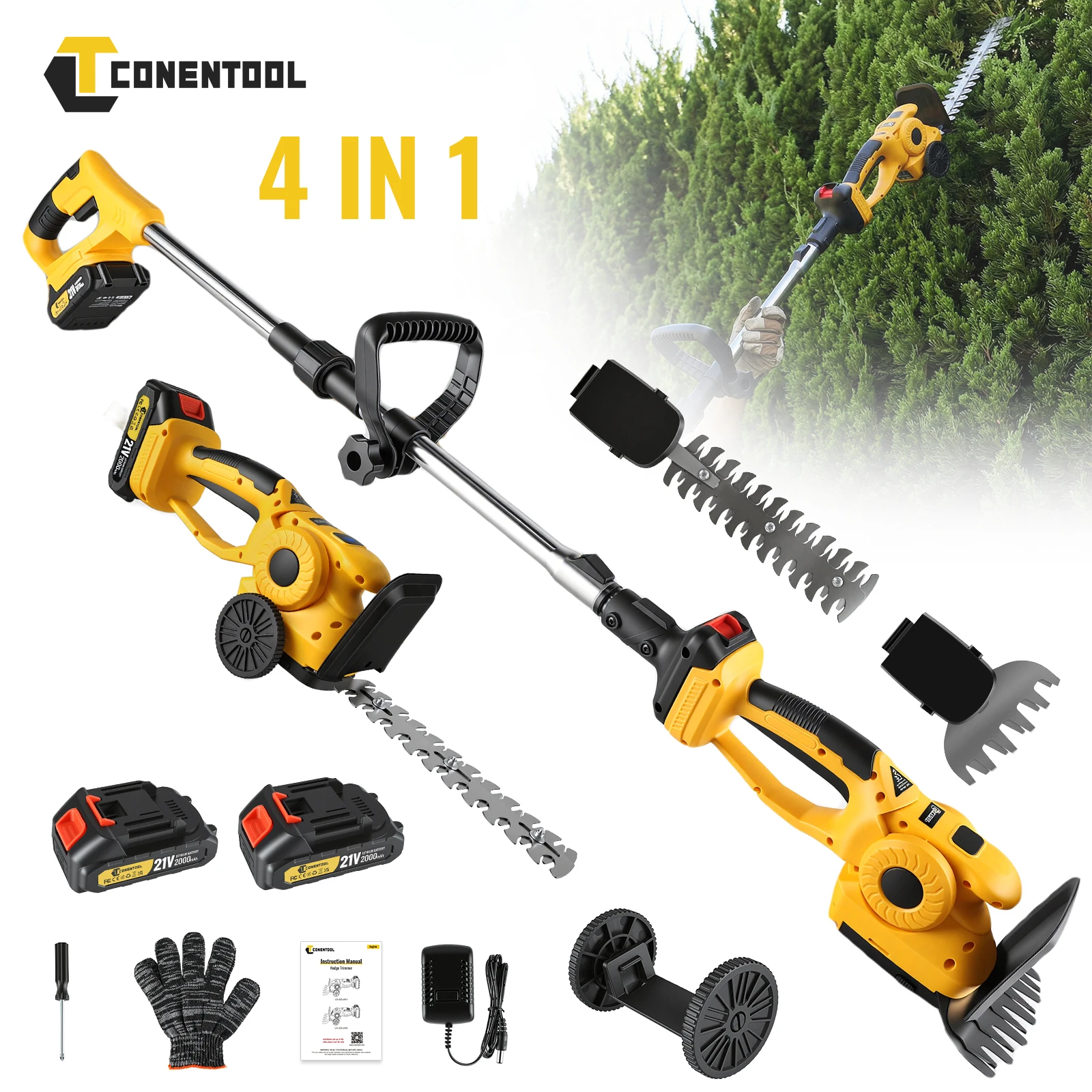 CONENTOOL 4-in-1 20000RPM Elektrischer Akku-Heckenschneider 9 Zoll Strauchschneidemaschine 21V Rasenmäher für Makita 18V Akku