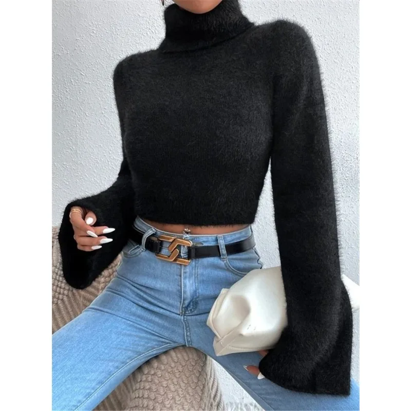 Women\'s High Neck Crop Open Belly Button Plush Sweater Autumn & Winter Temperament Woman Fashion Long Sleeved Casual Pullover