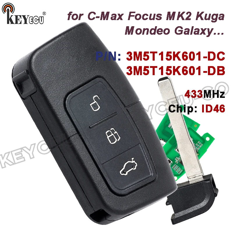 

KEYECU 433.92MHz ID46 / PCF7952 Chip 3M5T15K601-DC 3M5T15K601-DB for Ford C-Max Focus MK2 Kuga Mondeo Galaxy Flip Remote Key Fob