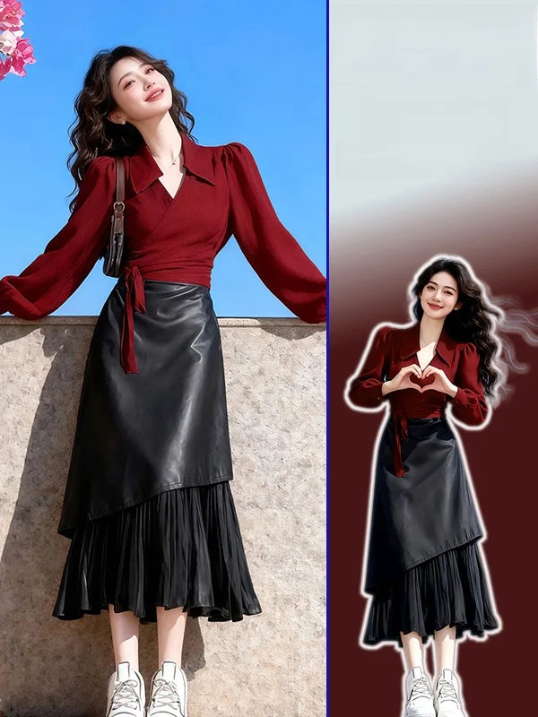 

Slimming Effectiven Large Size Sweater Women's Faion Spring New Irregular Splicing Leather Skirt Two-Piece Set ...